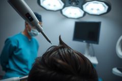 Surgical procedure in progress. Close-up of a patient's head during an operation, with a surgeon in blue scrubs visible in the background. Sterile environment, operating room, medical equipment.