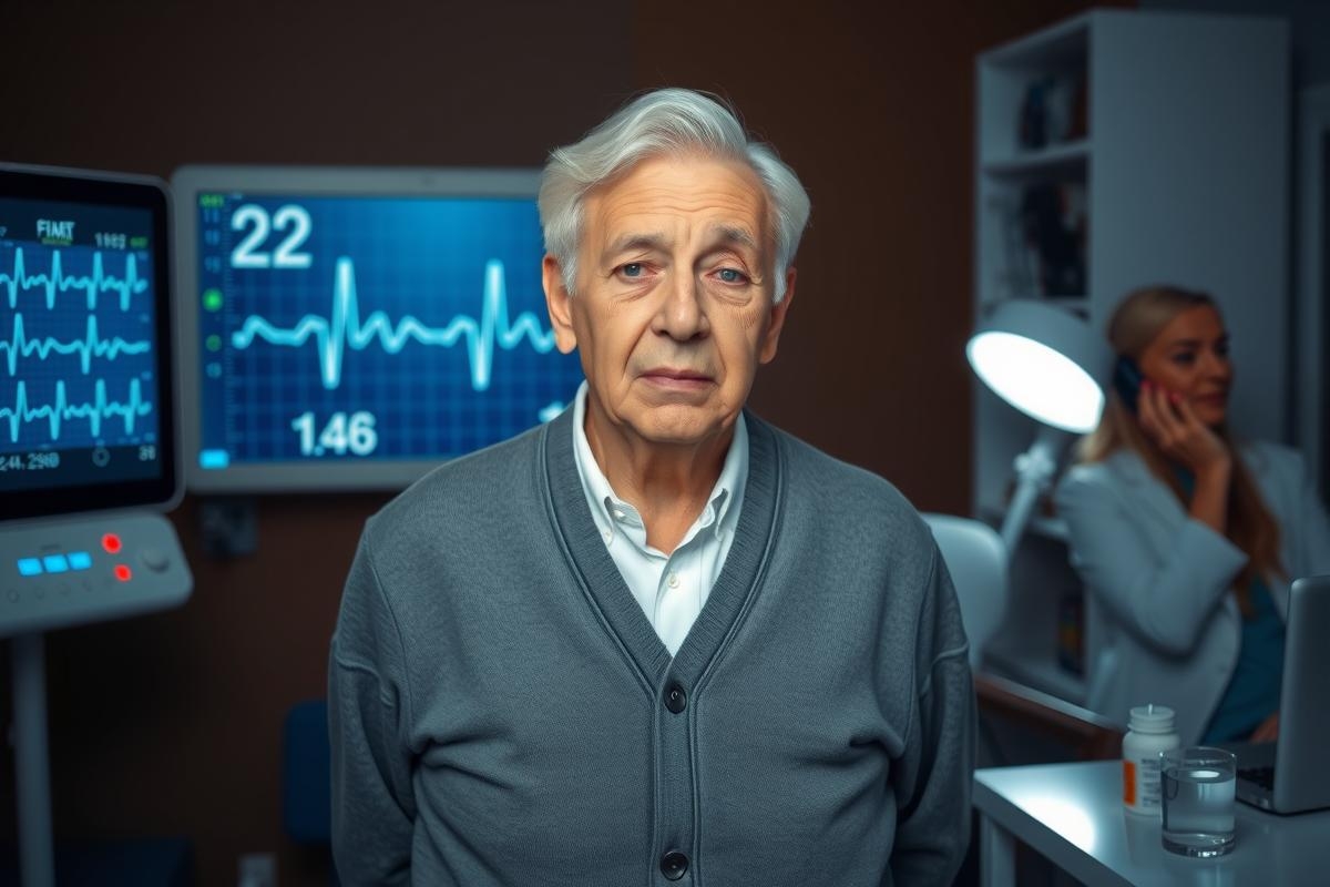 This is a photograph featuring an older man with short white hair. He is wearing a grey sweater and appears to be in a medical setting, possibly a doctor's office or hospital room.