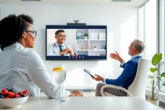 Doctor consults with a patient in a modern office setting. Bright, airy room with fruit bowl and a warm color palette. Healthcare professional discussing treatment options.