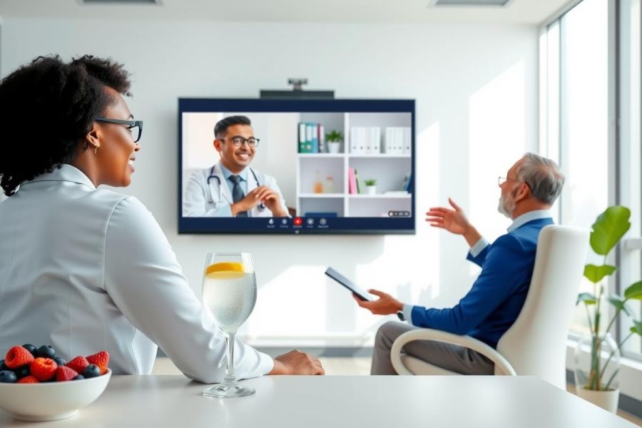 Doctor consults with a patient in a modern office setting. Bright, airy room with fruit bowl and a warm color palette. Healthcare professional discussing treatment options.