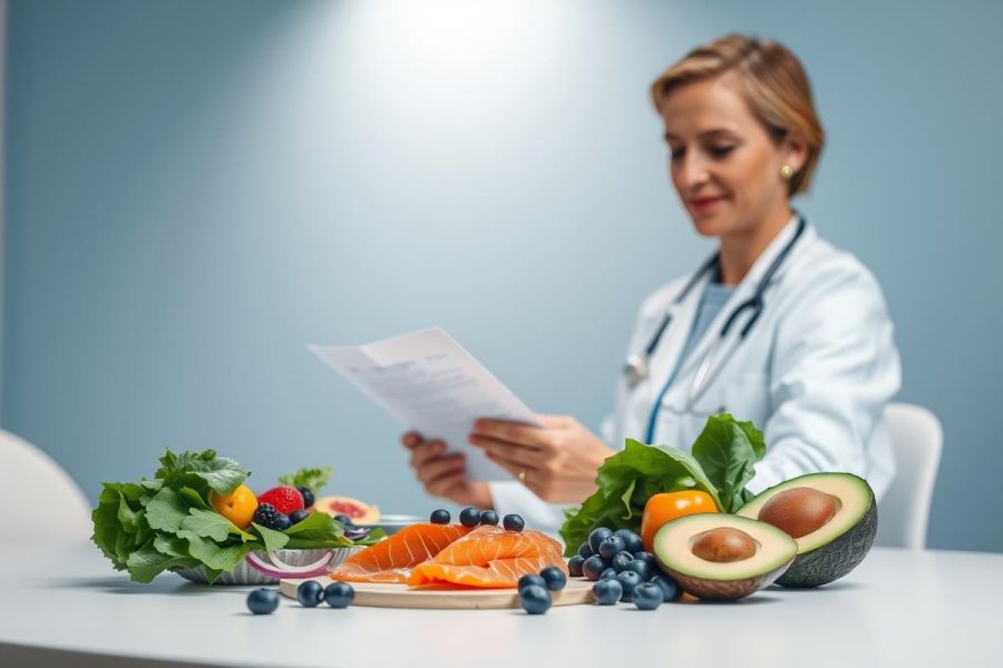 Doctor reviewing a diet plan with healthy food arranged on a table. Featuring salmon, avocado, berries, and leafy greens, the image emphasizes nutrition and wellness in a bright, clean environment. Focus on healthy eating and medical guidance.