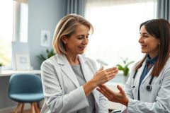 Doctor consultation in a bright, modern medical office. A female doctor wearing a white coat explains something to a patient, fostering a positive healthcare experience. Soft colors and a welcoming environment depict trust and care.