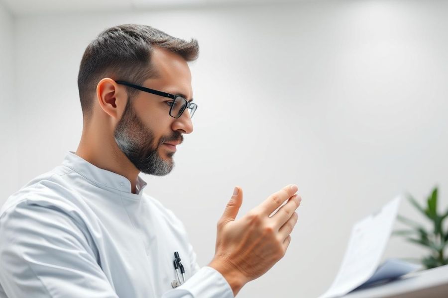 Man in blue scrubs and glasses reviewing documents in a bright, modern office setting. Focus on professional healthcare, medical review, and office environment. Grey hair and thoughtful expression.