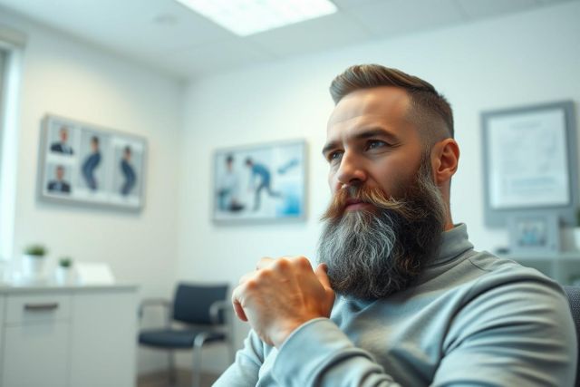 Man with a full beard in a modern, bright office setting. He's wearing gray athletic wear and appears thoughtful. The room features white walls and framed medical or sports-related posters. Focus on health, fitness, and professional consultation.