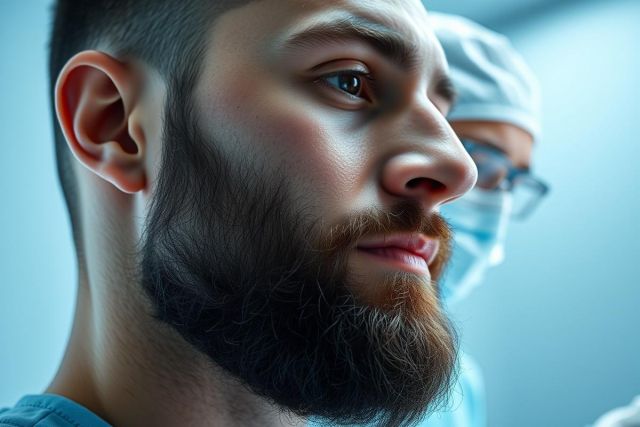 Close-up portrait of a bearded man in a medical setting, likely a patient or healthcare professional. Blue and teal tones dominate, with a blurred medical staff member visible in the background. Focus is on the man's face, suggesting a healthcare or medical theme.