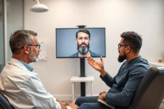 Telehealth consultation: A doctor in a white coat discusses with a patient via video call on a screen. The modern office setting features neutral colors. Represents online medical appointments and remote healthcare solutions.