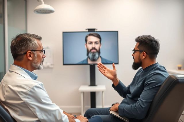 Telehealth consultation: A doctor in a white coat discusses with a patient via video call on a screen. The modern office setting features neutral colors. Represents online medical appointments and remote healthcare solutions.