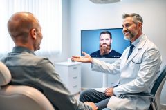 Telemedicine consultation: A doctor in a white coat discusses with a patient via video call in a modern, bright clinic. The scene features a man on screen and a patient seated in a chair, illustrating remote healthcare and virtual appointments. Focus on medical technology and patient care.
