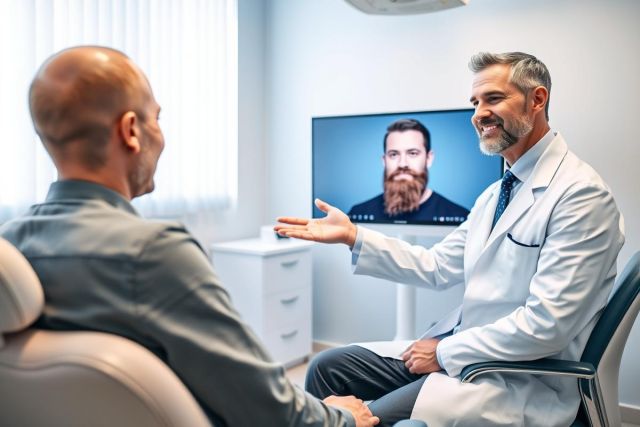 Telemedicine consultation: A doctor in a white coat discusses with a patient via video call in a modern, bright clinic. The scene features a man on screen and a patient seated in a chair, illustrating remote healthcare and virtual appointments. Focus on medical technology and patient care.
