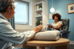 Doctor and patient during a consultation. Warm lighting illuminates a comfortable, modern office setting with a round table and chairs. The scene conveys a sense of care and professional discussion.