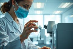 Scientist in a lab coat examines a vial, working near laboratory equipment. The image shows a clean, modern lab environment with bright lighting and a focus on scientific research and analysis.