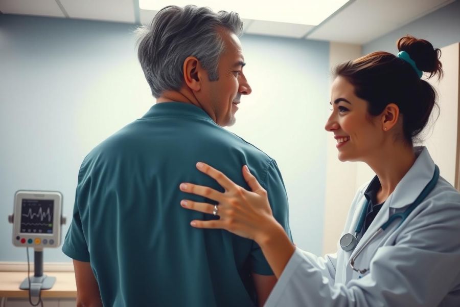 Doctor examines a patient in a medical office. A caring doctor is checking a male patient's vital signs with a monitor in the background. Healthcare, wellness, and patient care concepts.