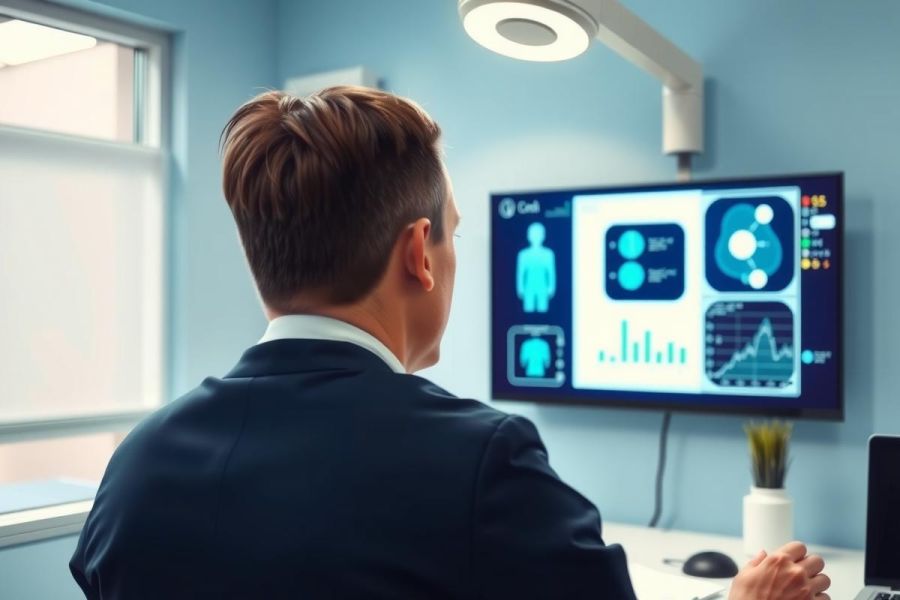 Doctor examining medical scan results on a monitor in a clinic. Focus on radiology, healthcare, and diagnostic imaging. Bright, modern setting.