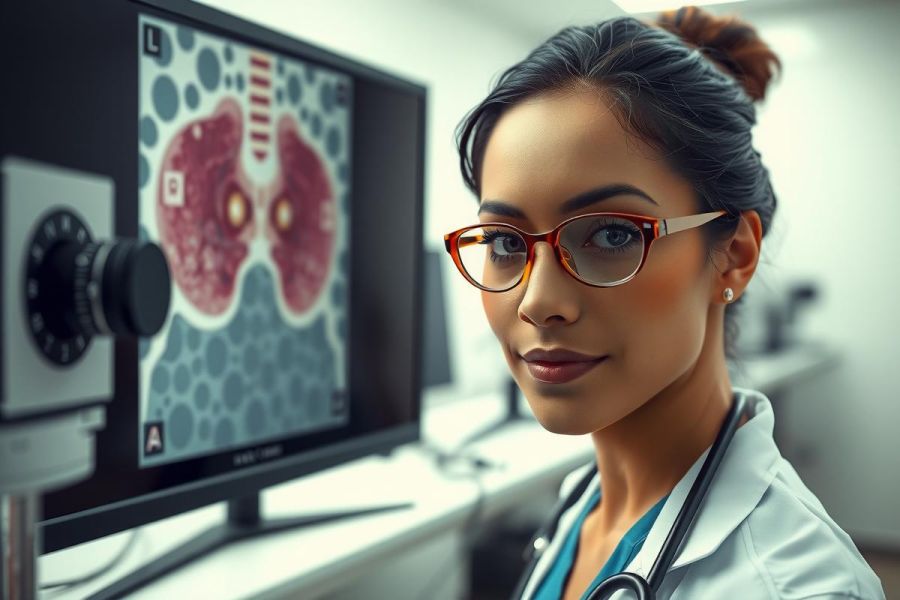 A female doctor in a white coat and glasses examines a chest X-ray on a monitor. Medical professional, healthcare, diagnostics, radiology, and patient care are key themes.