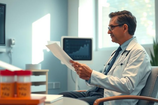 Doctor reviewing patient records in a medical office. Male physician in white coat sits reading paperwork near an ultrasound machine. Healthcare setting, professional environment.