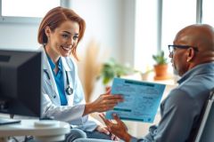 A doctor discusses patient records with a male patient in a brightly lit medical office. The scene shows a healthcare consultation with a focus on patient care and communication.