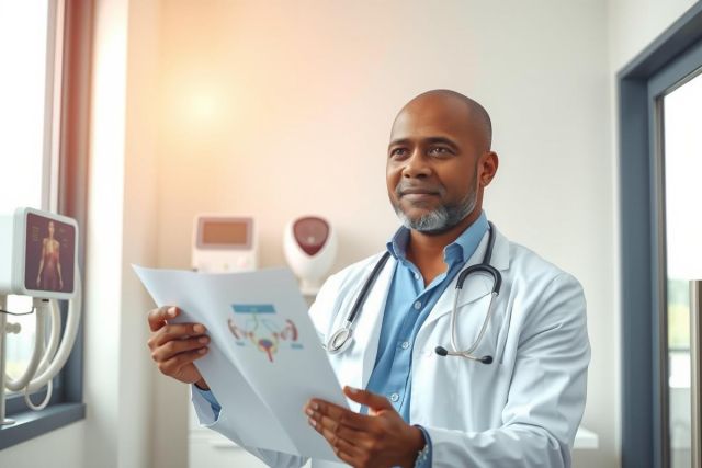 A male doctor in a white coat examines an X-ray in a medical office. The scene features a bright, clinical environment with diagnostic equipment visible in the background.