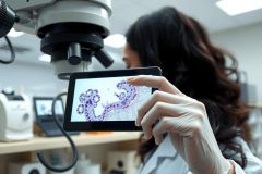 Lab technician examining a microscopic slide displaying pink and purple cell structures. The image showcases scientific research, cellular biology, and diagnostic processes within a laboratory setting.