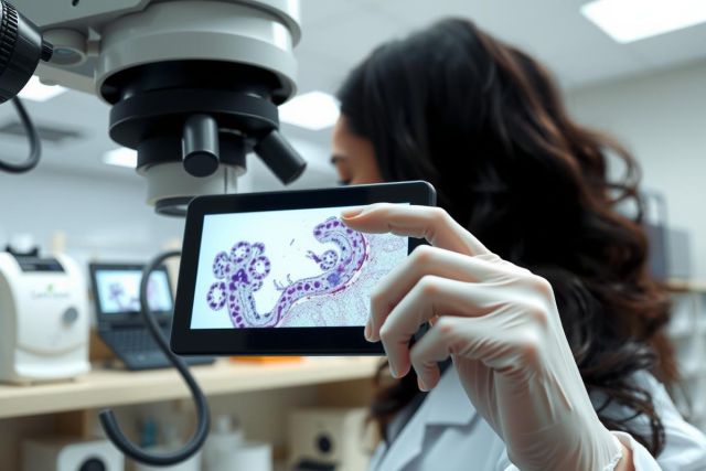 Lab technician examining a microscopic slide displaying pink and purple cell structures. The image showcases scientific research, cellular biology, and diagnostic processes within a laboratory setting.