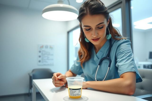 Healthcare professional in scrubs analyzing a urine sample in a lab setting. Focus on medical analysis and diagnostic procedures. Blue and white color palette.