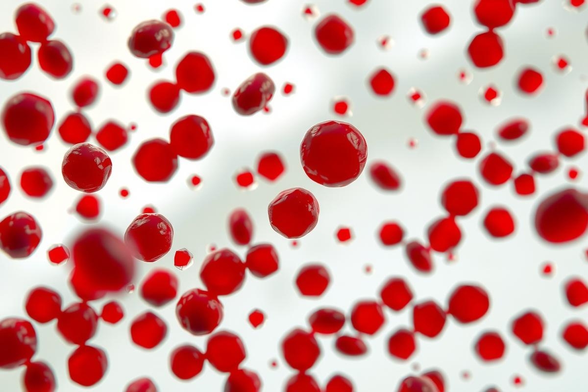 The image displays a cluster of red blood cells against a gray background. These cells appear to be circulating in the body, possibly within the bloodstream. The close-up view provides detailed visibility of the cell membrane and the hemoglobin within them that is responsible for carrying oxygen.