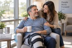 Middle-aged man with knee brace seated in clinic lounge, companion offering supportive reassurance.