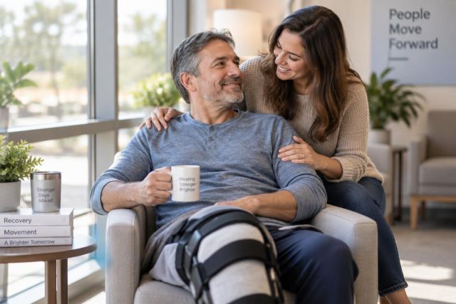 Middle-aged man with knee brace seated in clinic lounge, companion offering supportive reassurance.