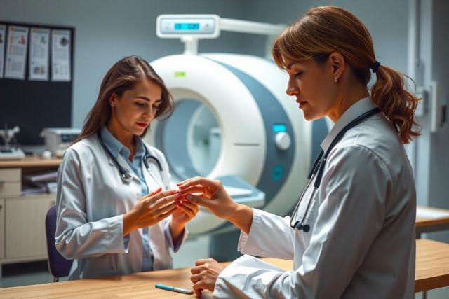 The image shows two female doctors in a medical office, engaged in discussion. One doctor is seated at a desk while the other stands beside her. They are both wearing white lab coats and are positioned in front of a large MRI machine with a control panel.