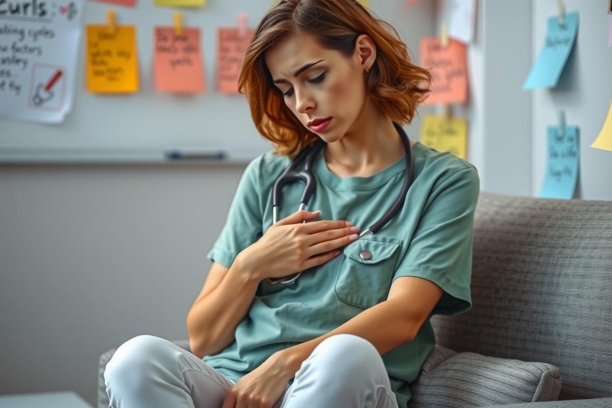 The image shows a woman seated at a desk, dressed in what appears to be medical scrubs and a stethoscope around her neck. She seems distressed or concerned, possibly about a health-related issue, as she is resting her hand on her chest with her eyes closed.