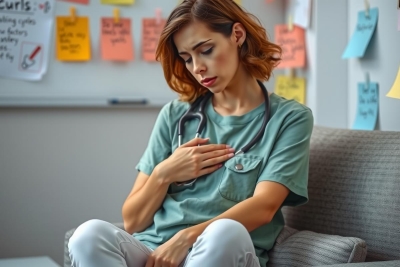 The image shows a woman seated at a desk, dressed in what appears to be medical scrubs and a stethoscope around her neck. She seems distressed or concerned, possibly about a health-related issue, as she is resting her hand on her chest with her eyes closed.