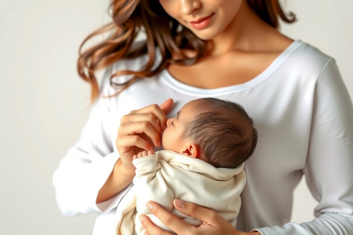 The image shows a woman holding a baby. The woman appears to be in an indoor setting with neutral colors, and she is focused on the infant. Both the woman and baby are the main subjects of the image.