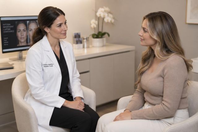 Cosmetic specialist consulting with a patient in a calm clinic office, monitor shows facial before-and-after.