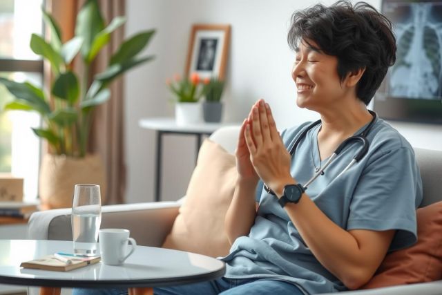 The image depicts a woman, likely a healthcare professional, sitting on a couch in a modern living room. She is wearing scrubs and has her hands clasped together. 