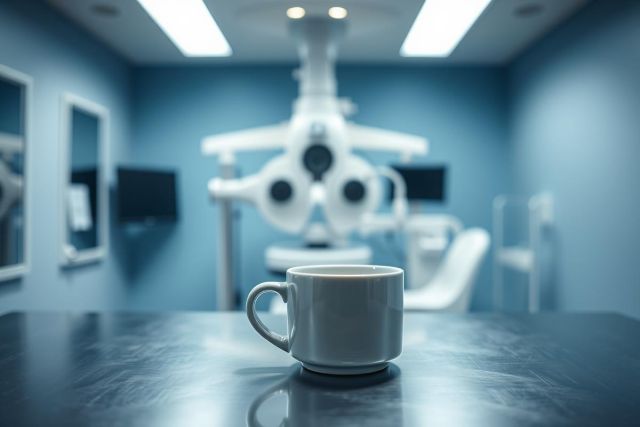 Dental office scene with a white mug on a dark wooden table. Blurred background features dental equipment and a blue color scheme, suggesting a modern dental clinic or examination room. Focus is on the mug, creating a calming and professional atmosphere.