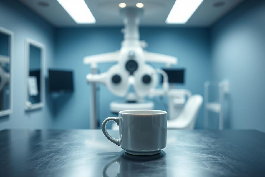 Dental office scene with a white mug on a dark wooden table. Blurred background features dental equipment and a blue color scheme, suggesting a modern dental clinic or examination room. Focus is on the mug, creating a calming and professional atmosphere.
