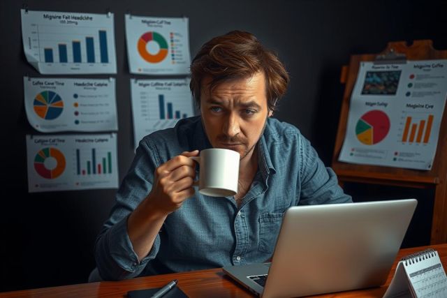 The image depicts a man in an office environment, engrossed in his work on a laptop. He is holding a cup of coffee, possibly indicating that he has been working for some time or trying to maintain focus during work hours.