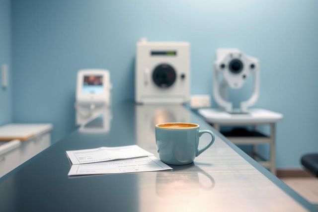 Medical X-ray room with a cup of coffee on a table. Blue walls and equipment are visible. A calming scene in a healthcare setting, featuring diagnostic technology and a beverage.