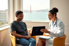 Doctor consults with a patient in a brightly lit office with a city view. The healthcare professional is wearing a white coat and shows the patient something on a tablet. A warm, modern environment.