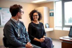 Doctor and patient in a medical office. A male doctor in a blue sweater and a female patient are seated facing each other. The setting is a bright, modern clinic with a desk and window visible.