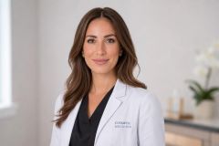 Female cosmetic medicine clinician in white coat smiling in a calm clinical consultation room.