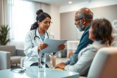 Doctor consults with a senior couple in a bright, modern medical office. A female physician reviews paperwork with an elderly man and woman, showcasing healthcare, patient care, and senior wellness. The scene features neutral colors and a comfortable setting.