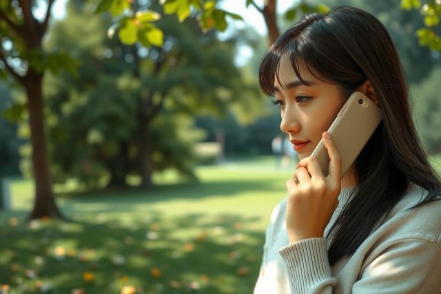 A young woman is outdoors, engrossed in a conversation on her cell phone. She's wearing a white sweater and holding the phone to her ear with one hand. The background suggests a park setting with trees and grass.