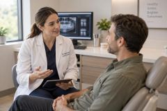 Dentist consulting with patient in bright clinic, dental X-ray visible on monitor.