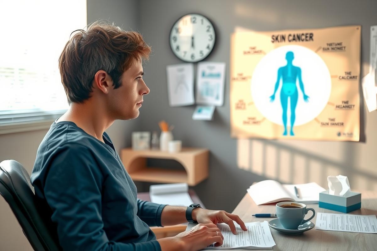 The image features a man sitting at a desk with a computer. He appears to be working on the computer. Behind him, there is a large poster or sign that reads 'SKIN CANCER'.