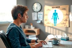 The image features a man sitting at a desk with a computer. He appears to be working on the computer. Behind him, there is a large poster or sign that reads 'SKIN CANCER'.