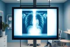 Medical X-ray image displayed on a monitor in a doctor's office. The blue-toned image shows a chest X-ray with visible bones and organs. Healthcare, radiology, and diagnostic imaging concepts are depicted in a clinical environment.