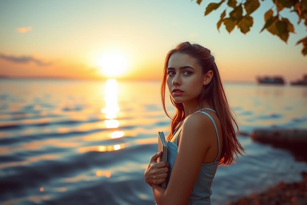 The image captures a serene sunset scene featuring a woman standing on the shore of a body of water, possibly a lake. She is facing away from the viewer, looking out towards the horizon where the vibrant colors of the setting sun are visible.