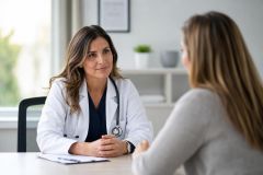 Doctor in white coat consulting a patient across desk in calm clinical office setting.