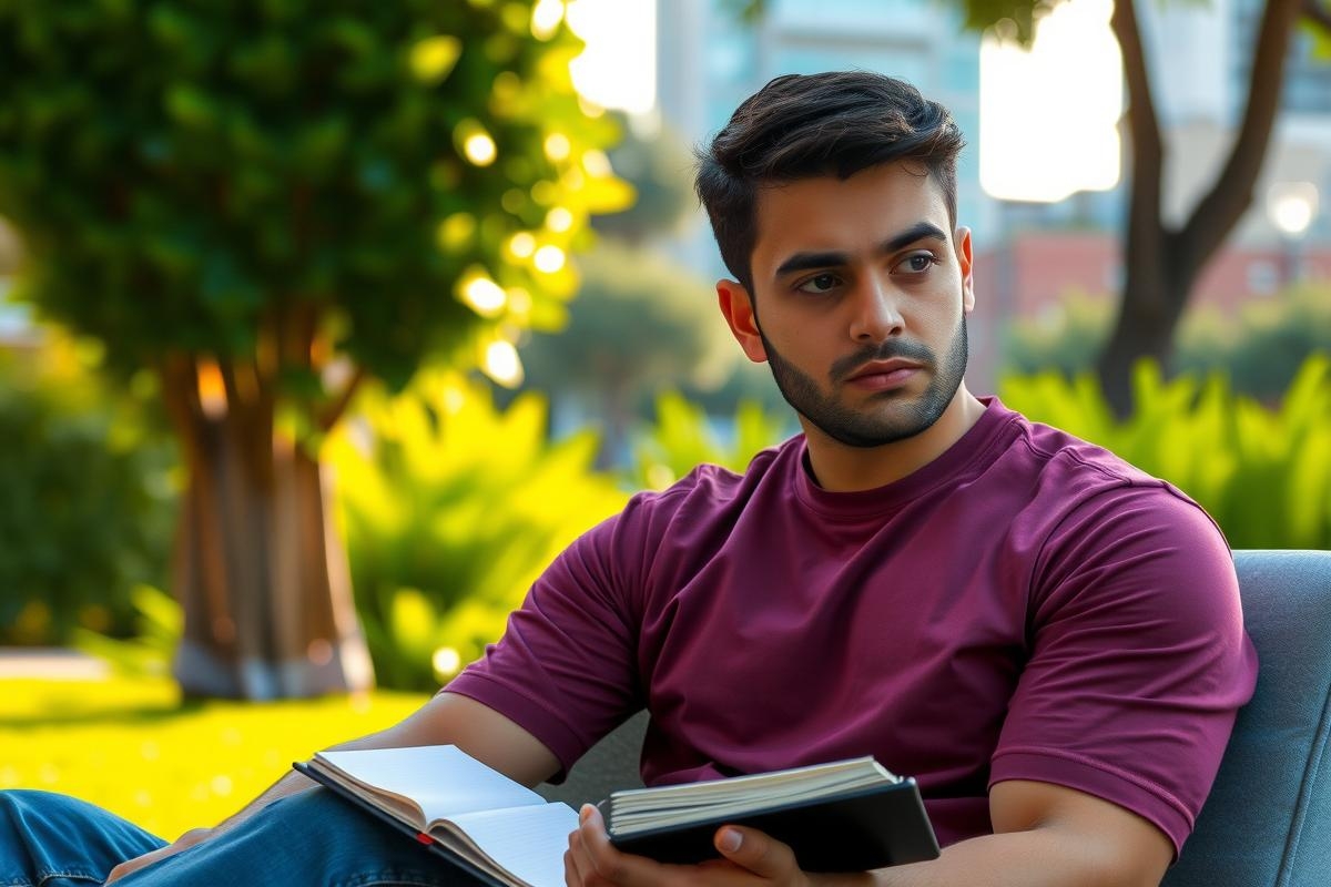 A young man is sitting outdoors on a couch, reading a book. He is wearing casual attire and appears relaxed in the shaded environment, possibly a park or garden area with trees visible.