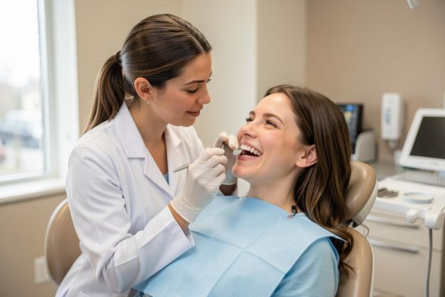 Dentist examining a smiling patient's teeth with a dental mirror during a routine clinic checkup.